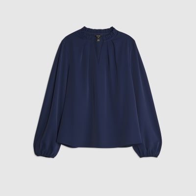 Navy Frill Trim Long Sleeve Top