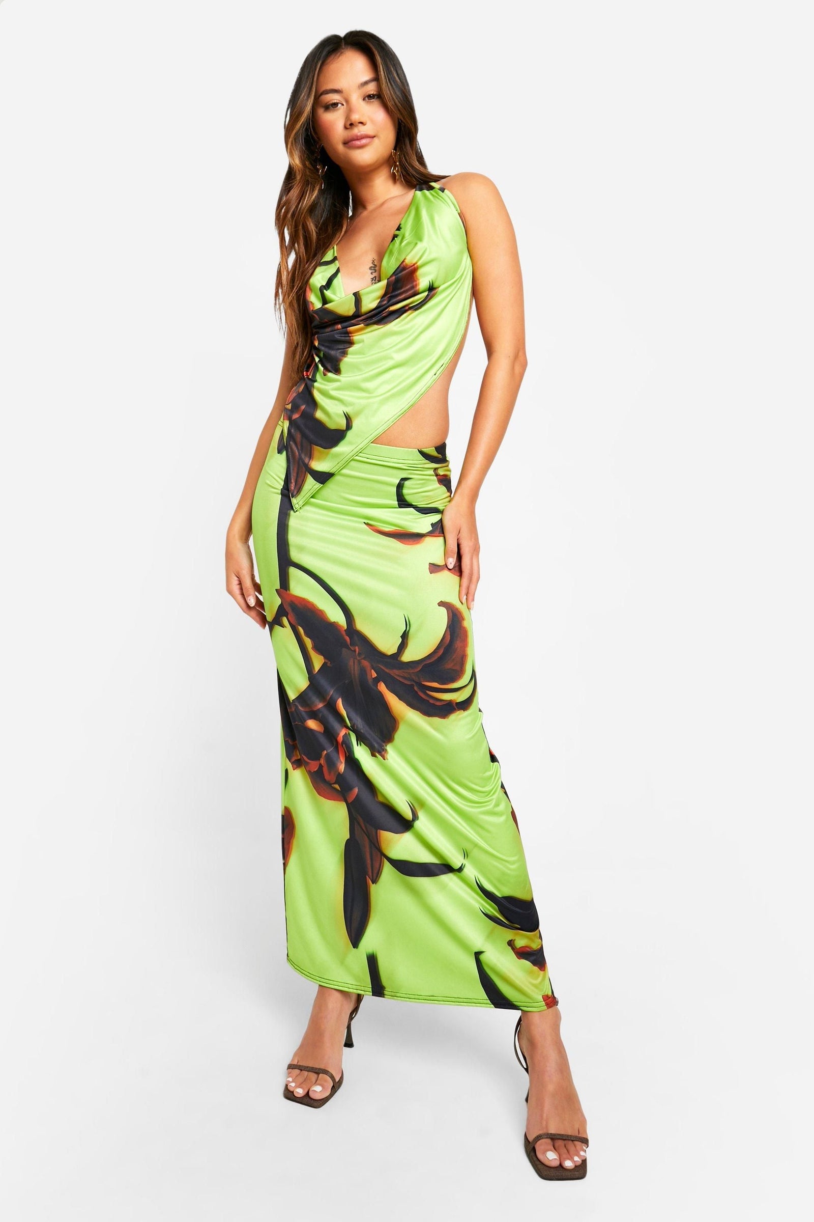 Large Scale Floral Slinky Cowl Cami & Maxi Skirt