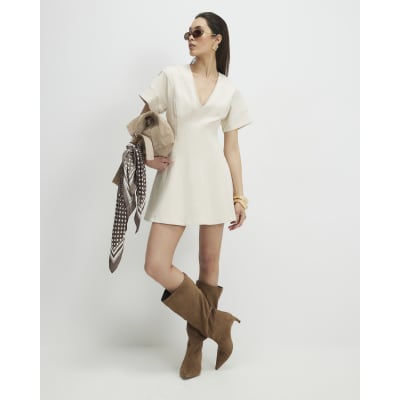 Cream Seamed Short Sleeve Denim Dress