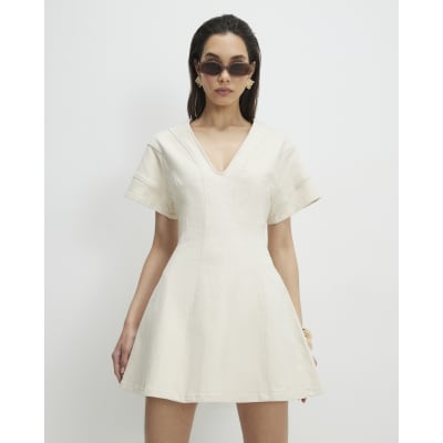 Cream Seamed Short Sleeve Denim Dress