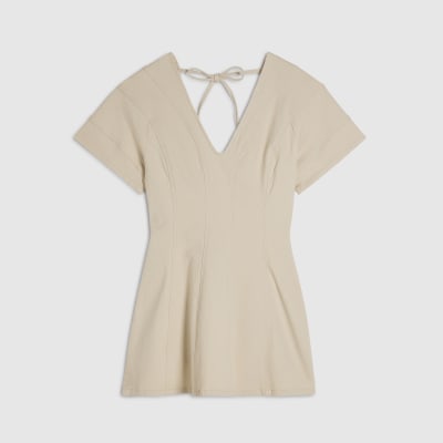 Cream Seamed Short Sleeve Denim Dress