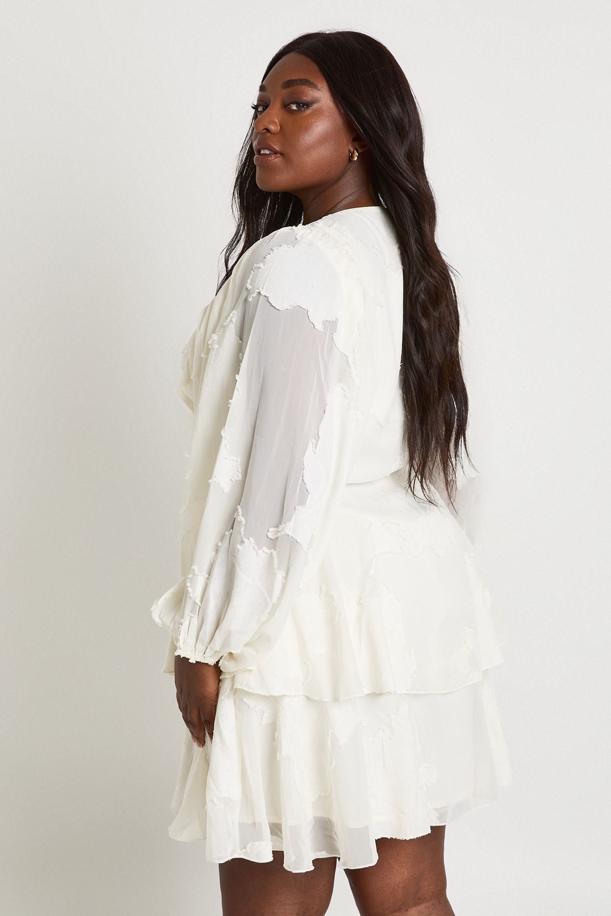 Plus Floral Burnout Volume Sleeve Ruffle Hem  Skater Dress