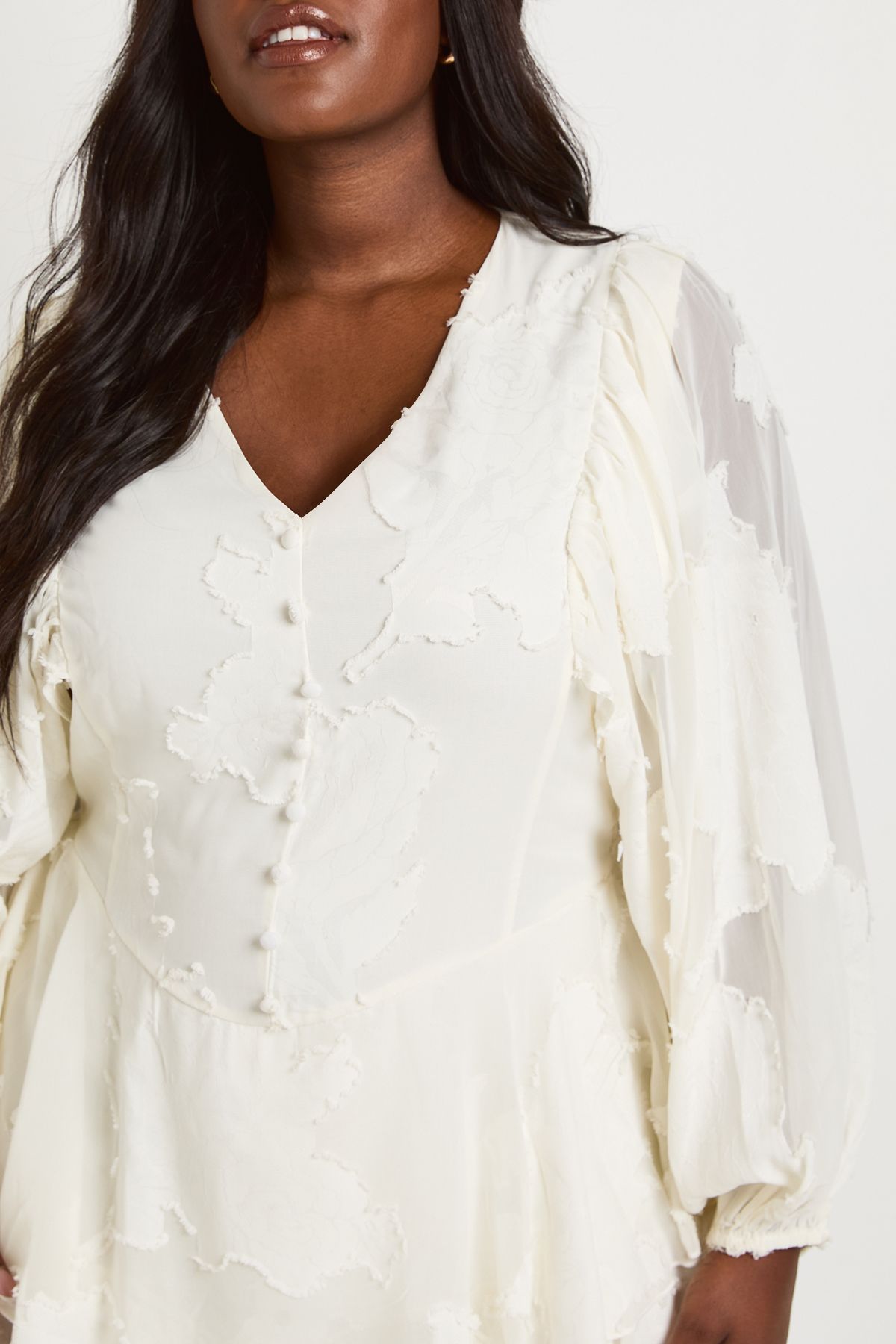 Plus Floral Burnout Volume Sleeve Ruffle Hem  Skater Dress