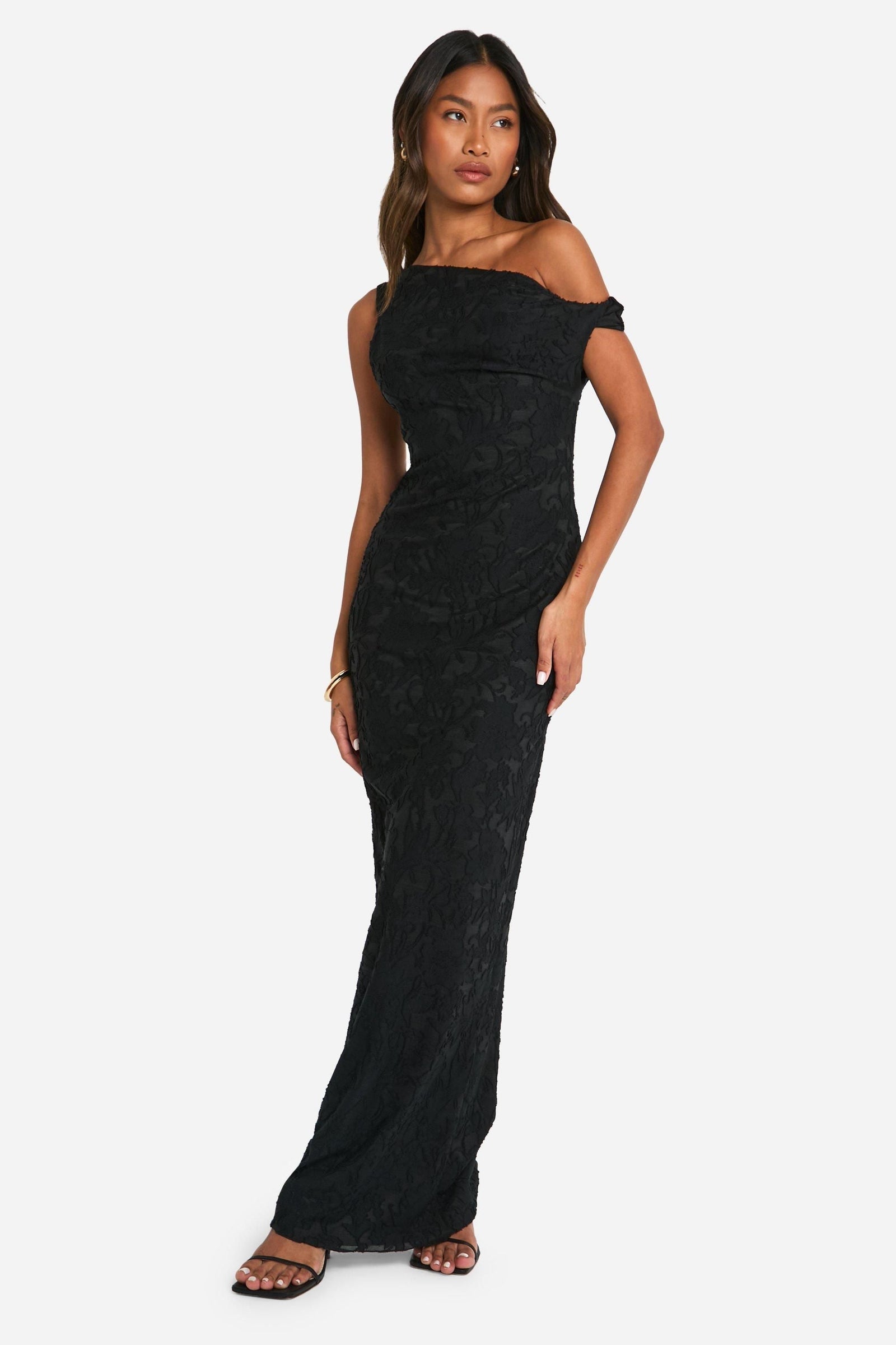 Jacquard Floral Twist Strap Maxi Dress