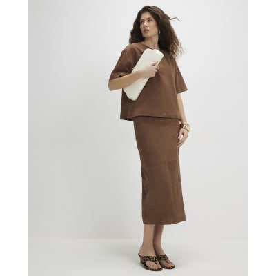 Brown Suede Midi Wrap Skirt