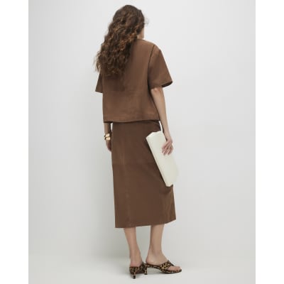 Brown Suede Midi Wrap Skirt