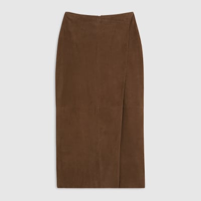 Brown Suede Midi Wrap Skirt