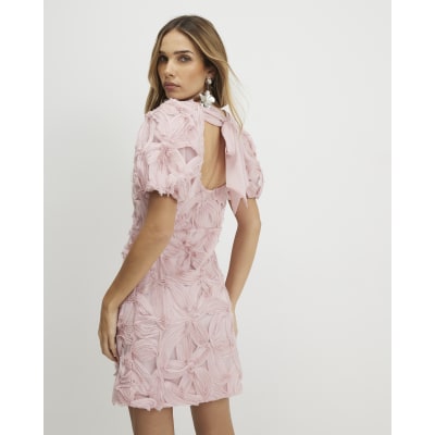 Pink Puff Sleeve 3D Floral Mini Dress