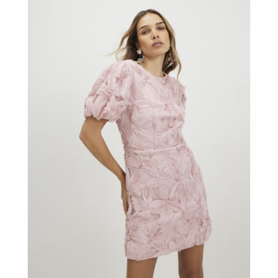 Pink Puff Sleeve 3D Floral Mini Dress