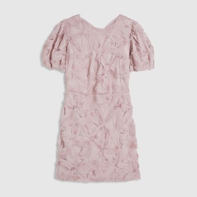 Pink Puff Sleeve 3D Floral Mini Dress