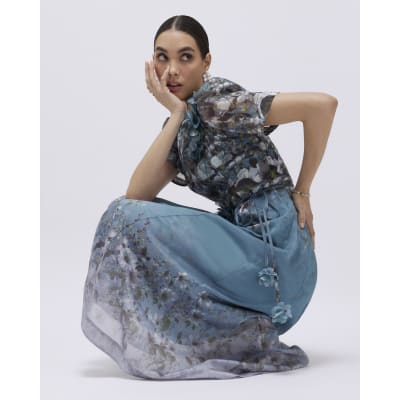 Blue Floral 3D Corsage Midi Dress