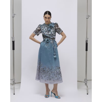 Blue Floral 3D Corsage Midi Dress
