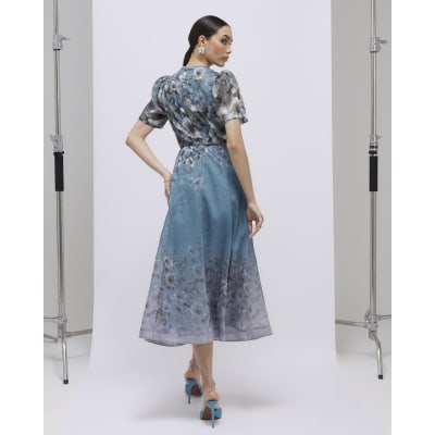 Blue Floral 3D Corsage Midi Dress