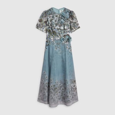 Blue Floral 3D Corsage Midi Dress
