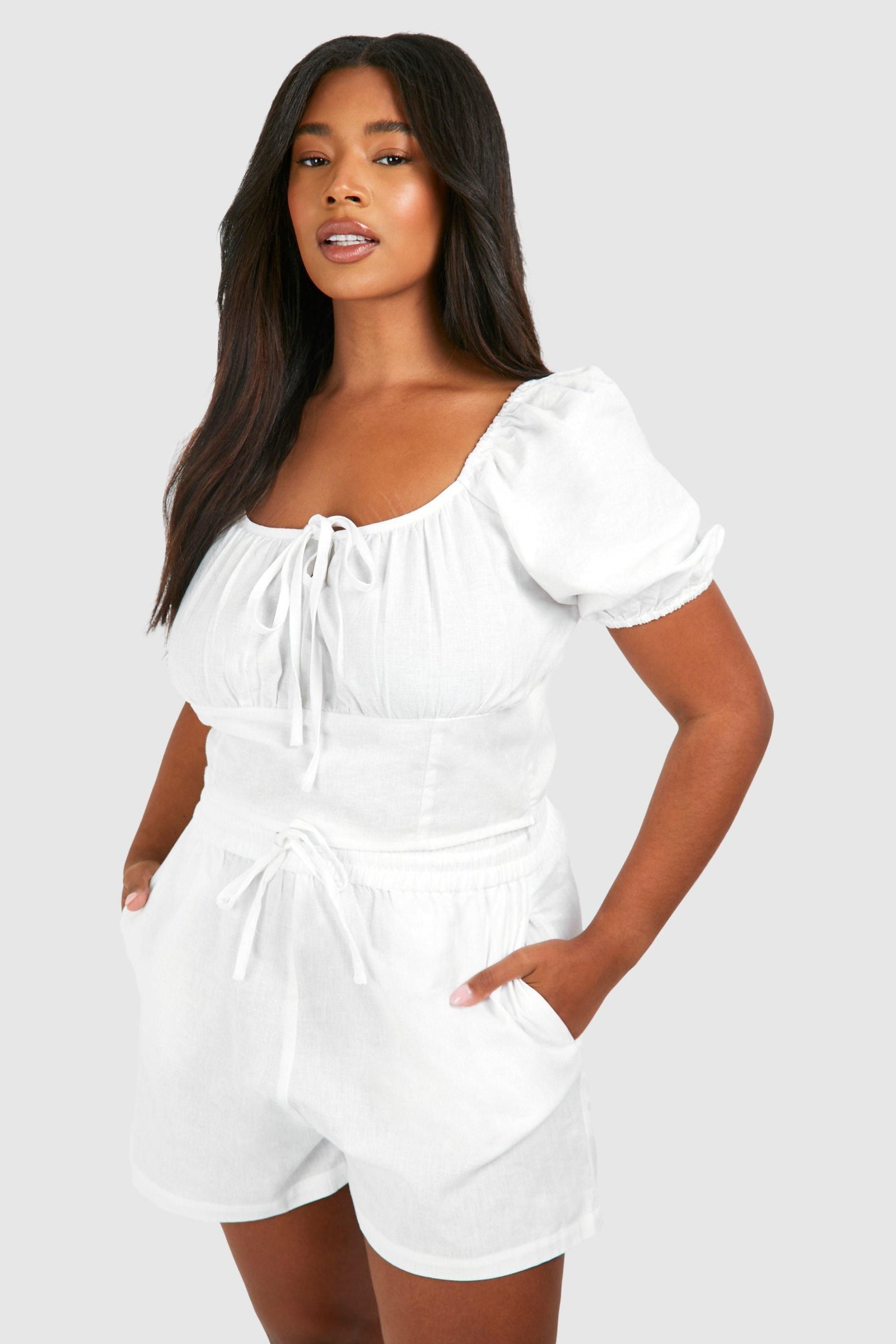 Plus Linen Feel Puff Sleeve Ruched Bust Crop Top
