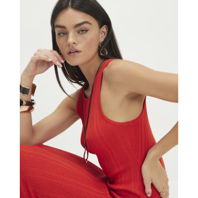 Red Knitted Racer Neck Ribbed Midi Dress