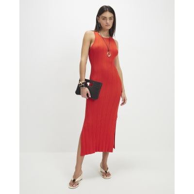 Red Knitted Racer Neck Ribbed Midi Dress