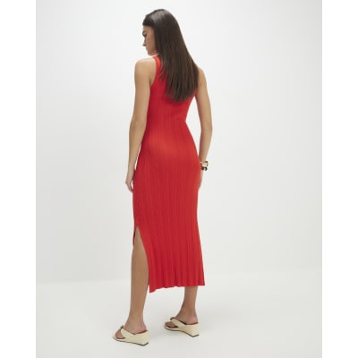 Red Knitted Racer Neck Ribbed Midi Dress