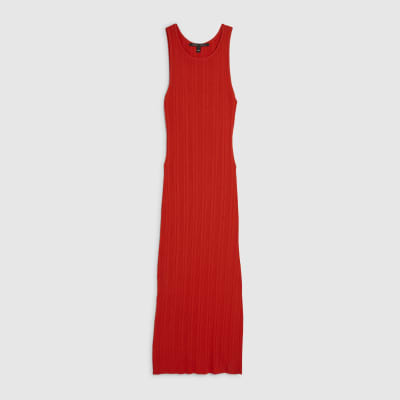 Red Knitted Racer Neck Ribbed Midi Dress