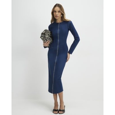 Blue Zip Through Denim Midi Dress
