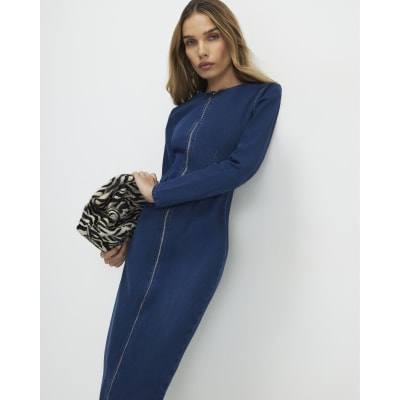 Blue Zip Through Denim Midi Dress