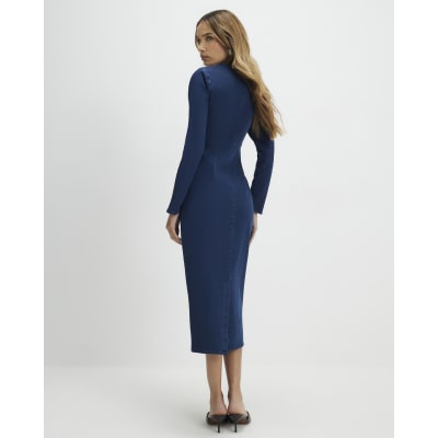 Blue Zip Through Denim Midi Dress
