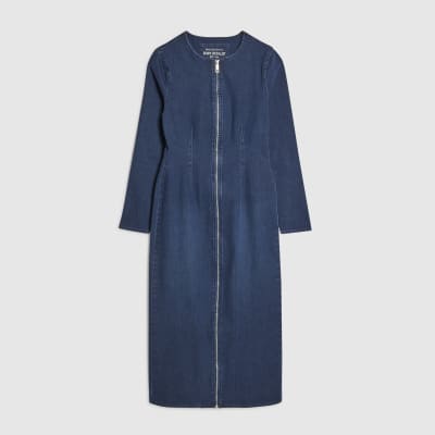 Blue Zip Through Denim Midi Dress