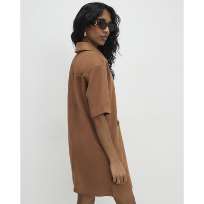 Brown Faux Suede Short Sleeve Shirt Dress