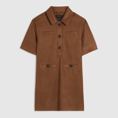 Brown Faux Suede Short Sleeve Shirt Dress