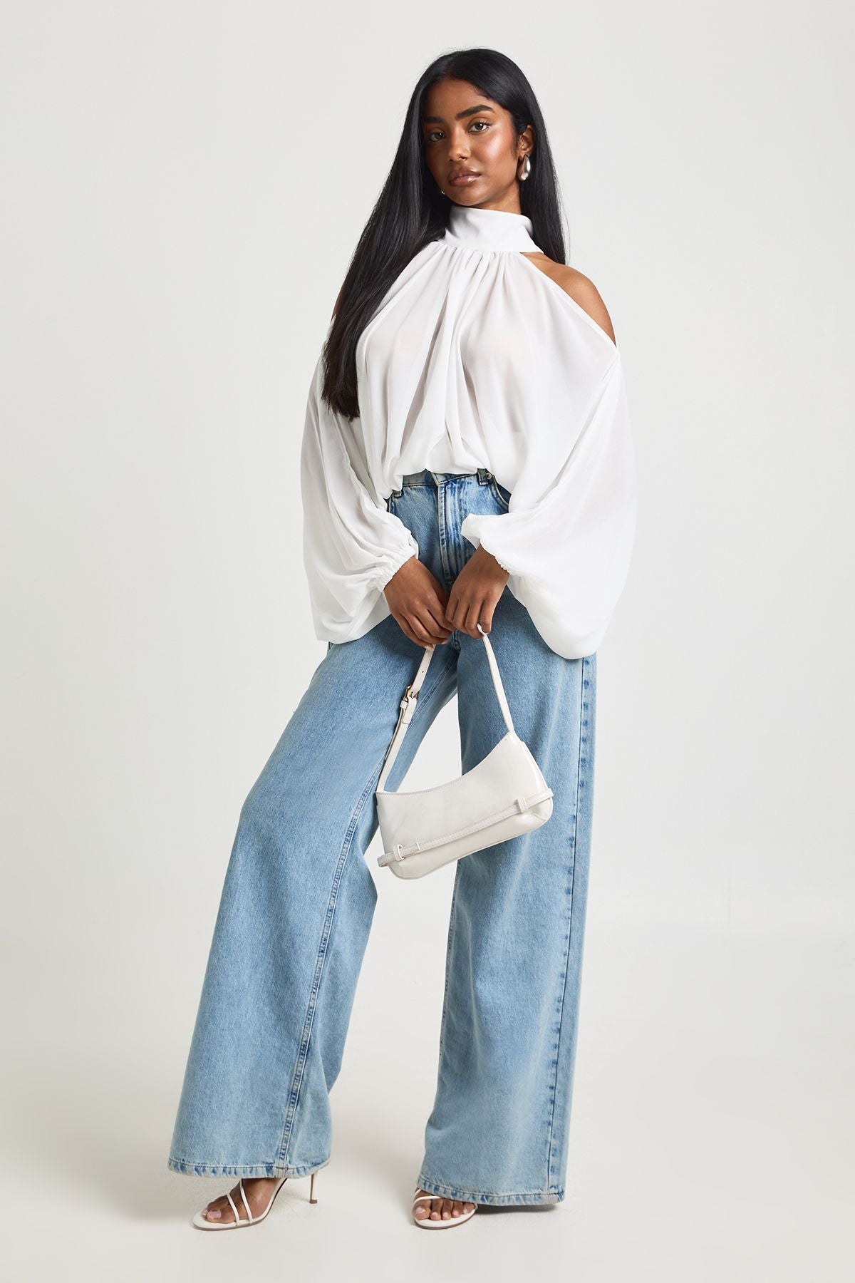 Chiffon Cold Shoulder Volume Sleeve Blouse