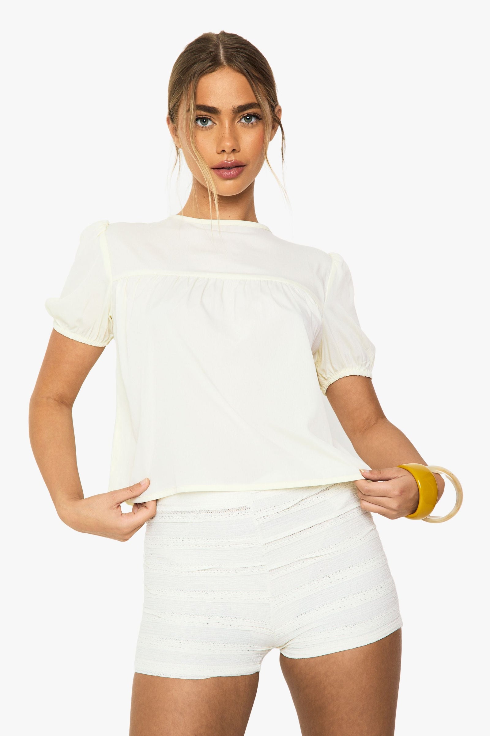 Woven Sheer Puff Sleeve Smock Top