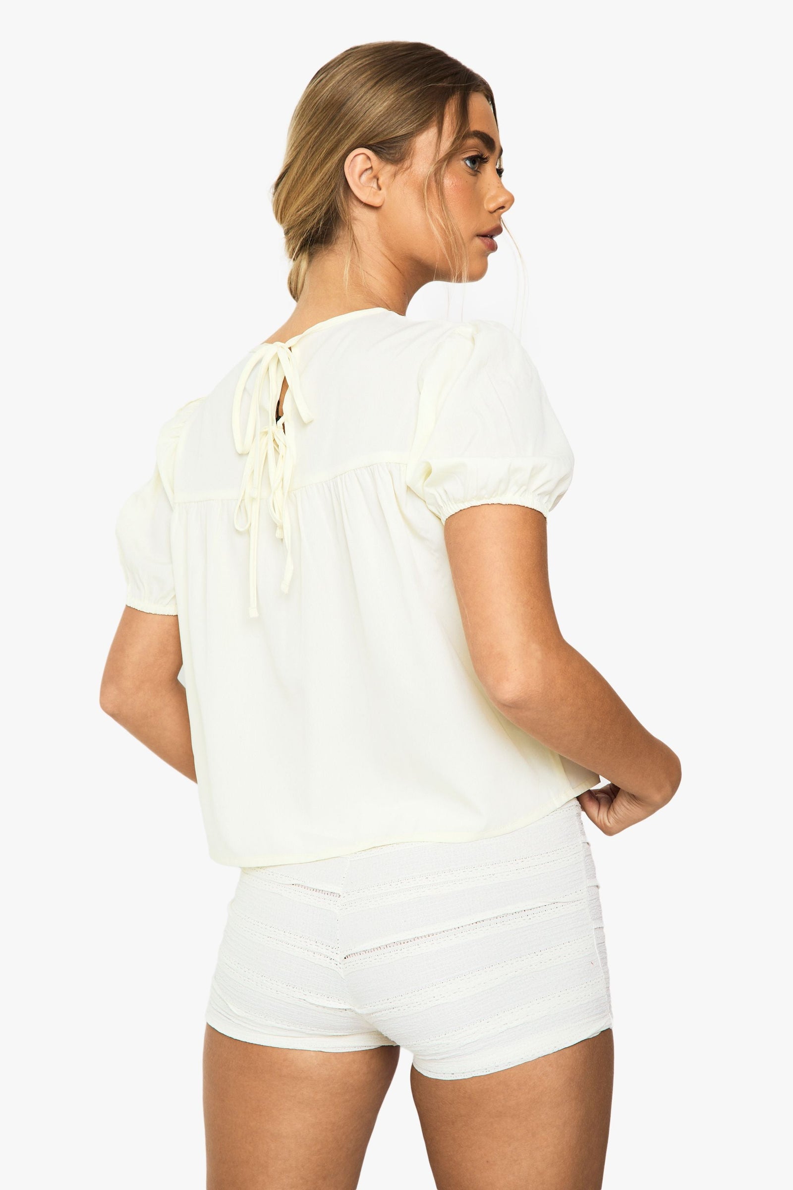Woven Sheer Puff Sleeve Smock Top