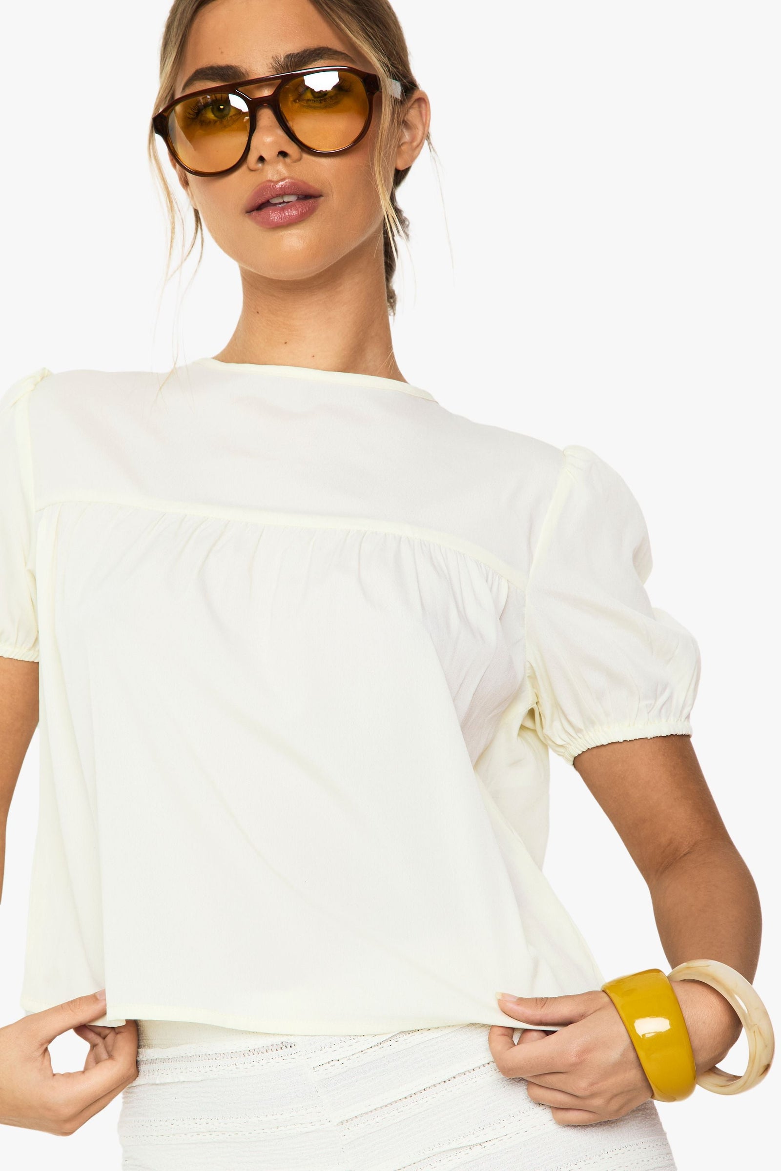 Woven Sheer Puff Sleeve Smock Top