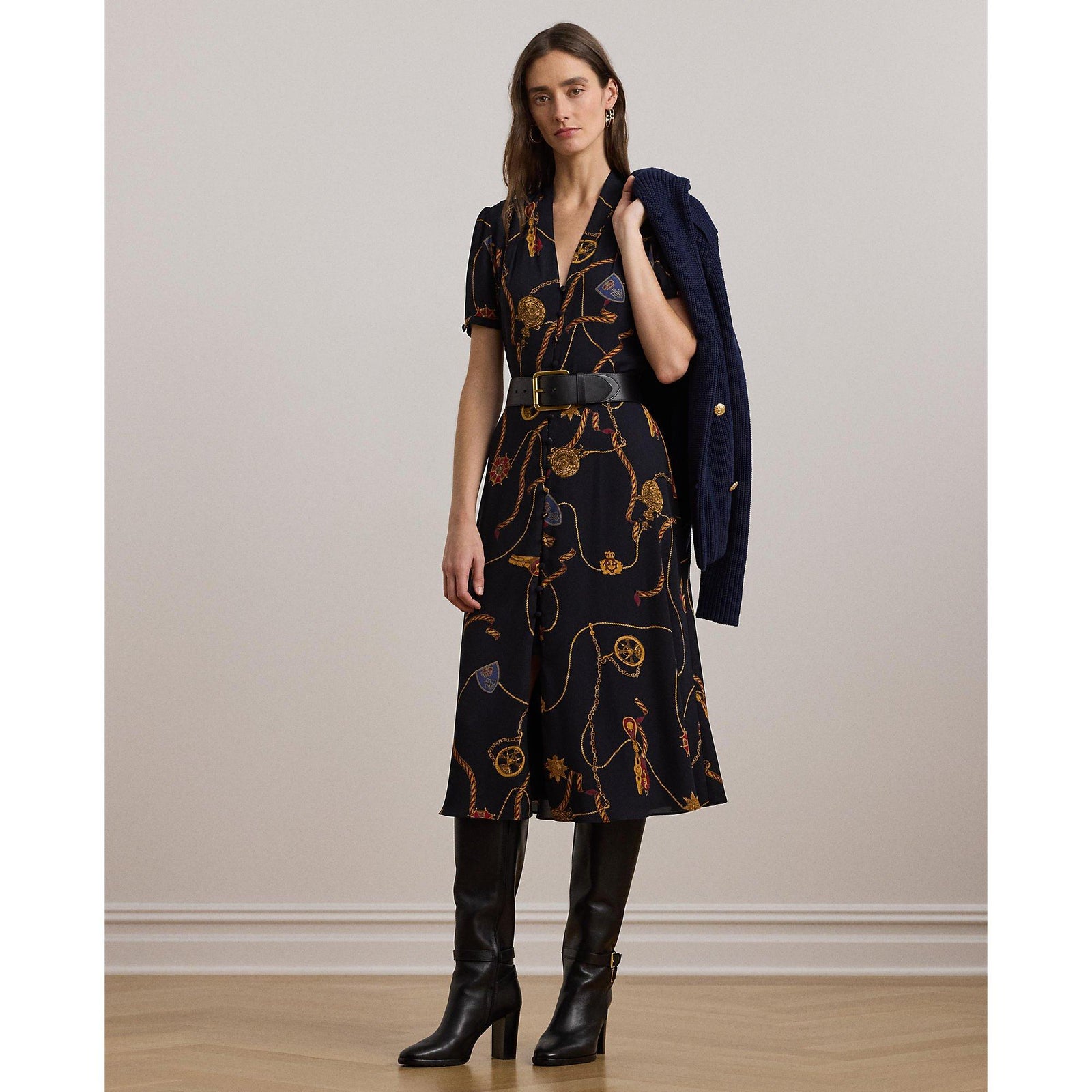 Print Belted Georgette Puff-Sleeve Dress