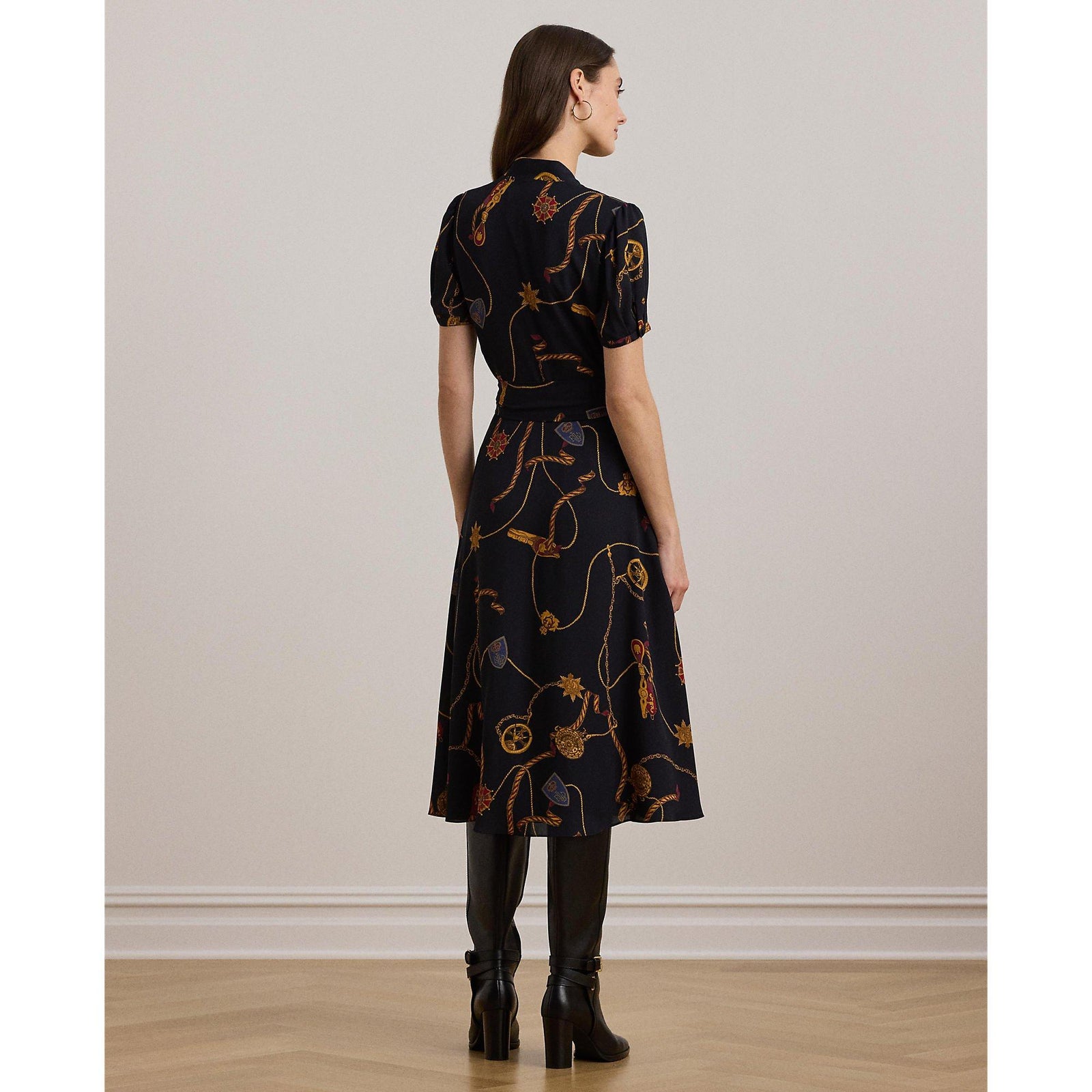 Print Belted Georgette Puff-Sleeve Dress