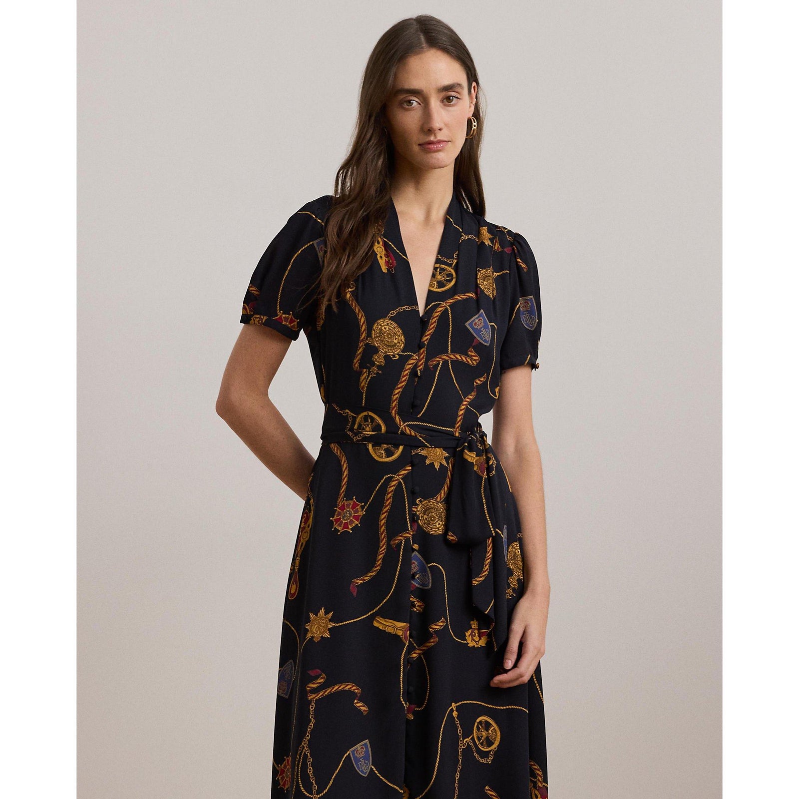 Print Belted Georgette Puff-Sleeve Dress