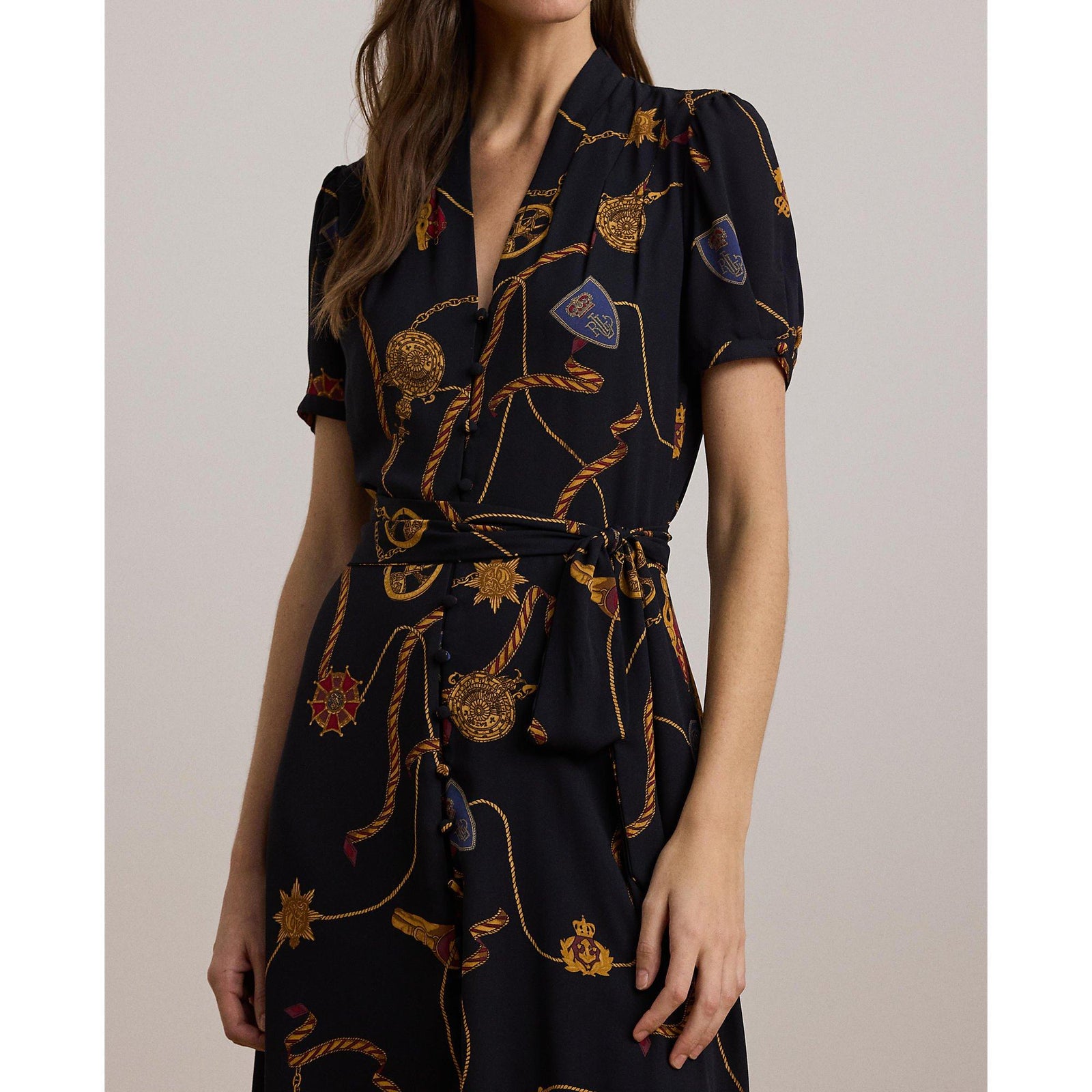 Print Belted Georgette Puff-Sleeve Dress