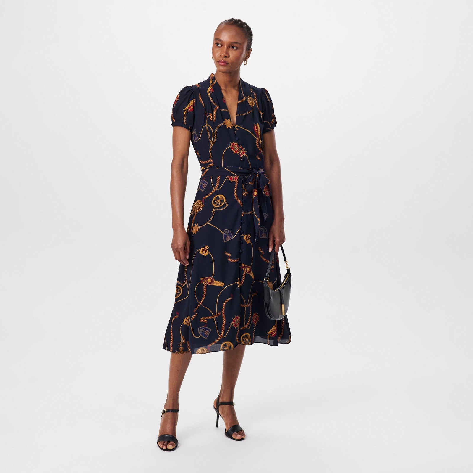 Print Belted Georgette Puff-Sleeve Dress