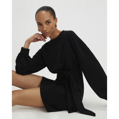Black Long Sleeve Knot Side Mini Dress