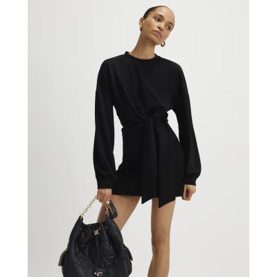 Black Long Sleeve Knot Side Mini Dress