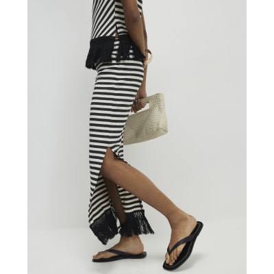 Cream Fringed Hem Stripe Midi Skirt