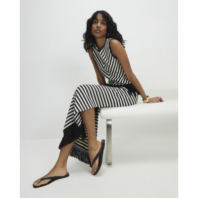 Cream Fringed Hem Stripe Midi Skirt