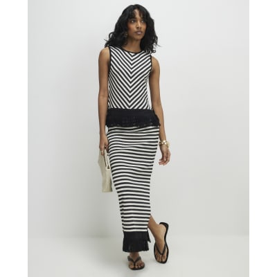 Cream Fringed Hem Stripe Midi Skirt