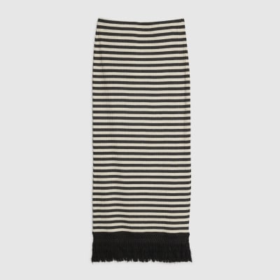 Cream Fringed Hem Stripe Midi Skirt