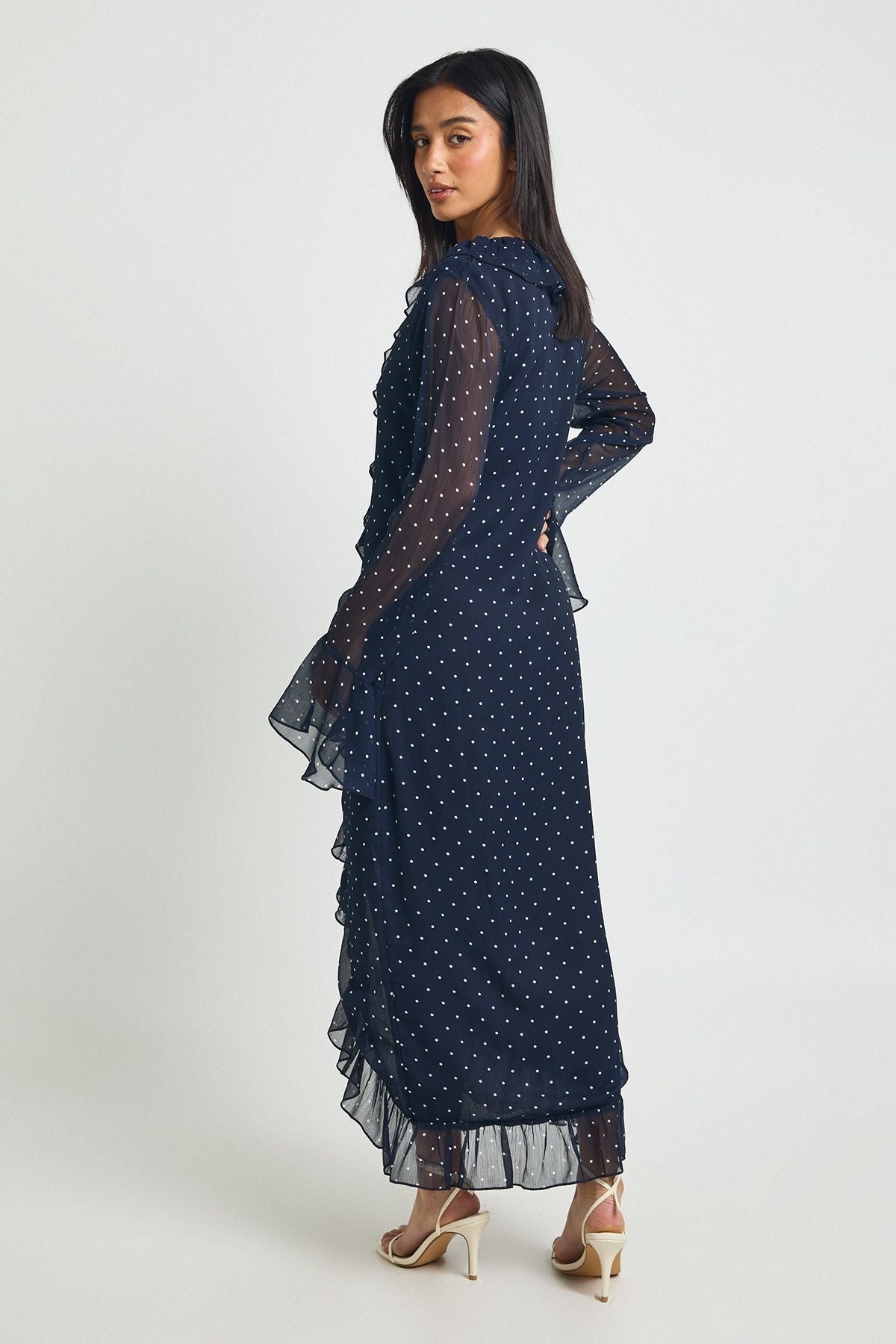 Petite Chiffon Polka Dot Ruffle Detail Midi Dress