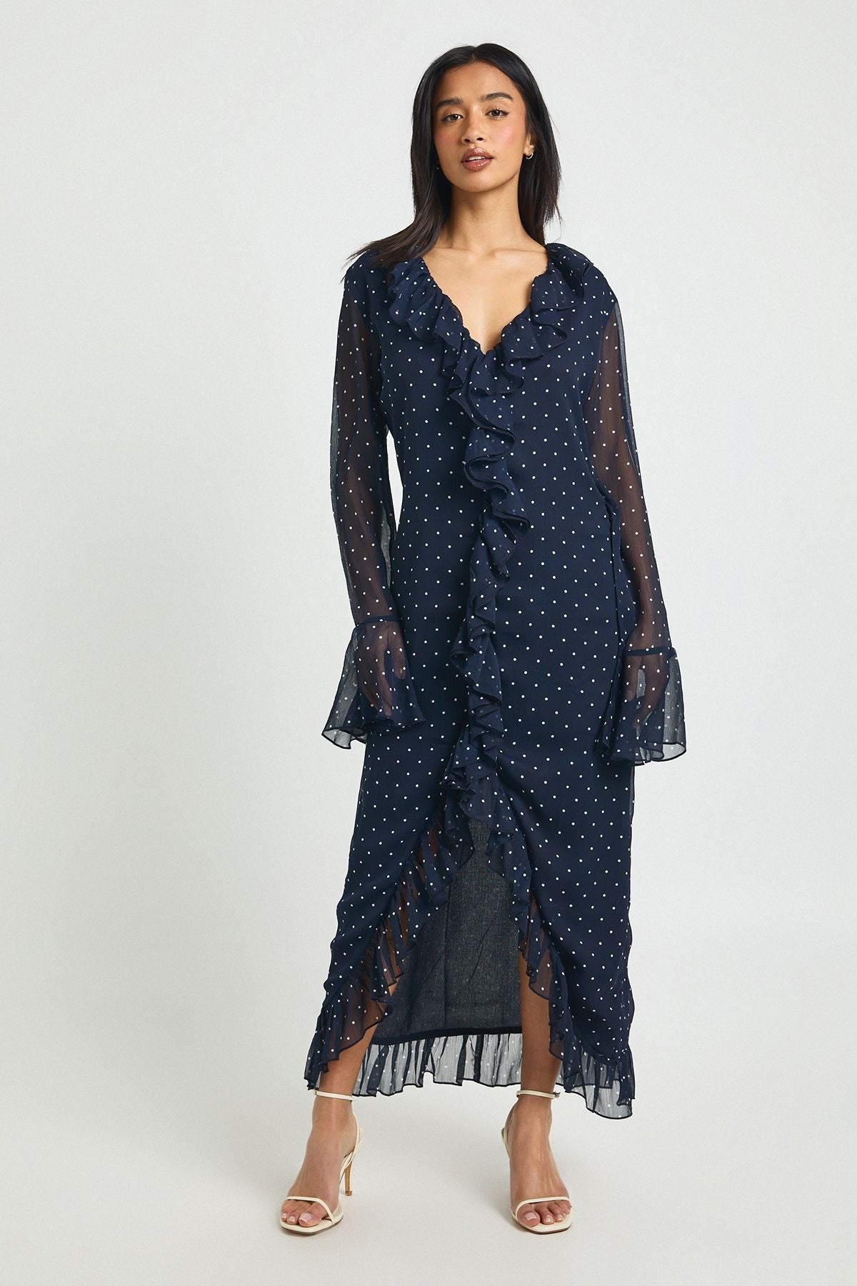 Petite Chiffon Polka Dot Ruffle Detail Midi Dress