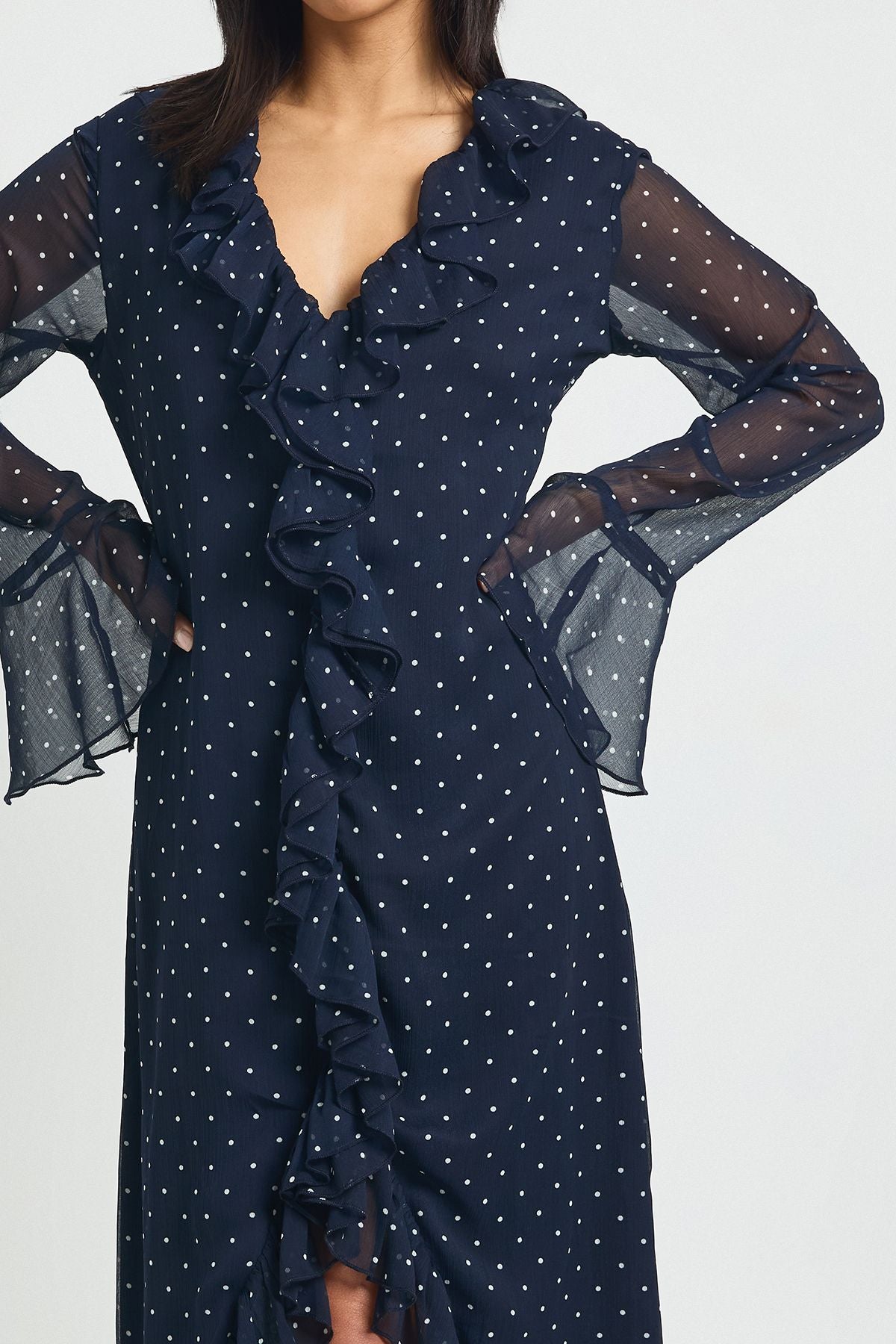 Petite Chiffon Polka Dot Ruffle Detail Midi Dress