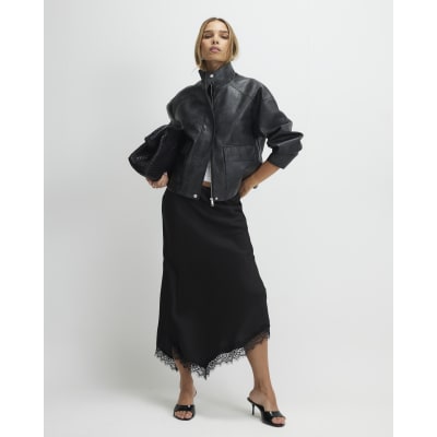 Black Satin Asymmetric Lace Trim Midi Skirt