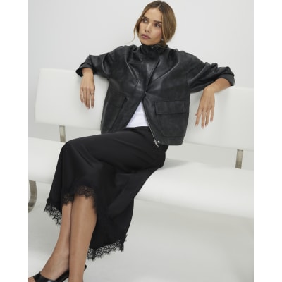 Black Satin Asymmetric Lace Trim Midi Skirt
