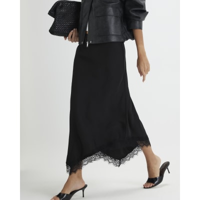 Black Satin Asymmetric Lace Trim Midi Skirt